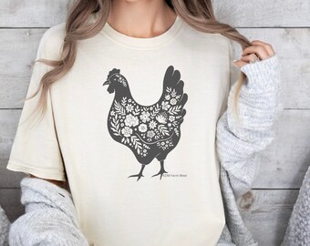 Camisa floral de frango, camiseta de frango, camisa de fazenda, presente para amante de frango, camiseta de galinha, frango flor feminino, presente para agricultor, galinha floral