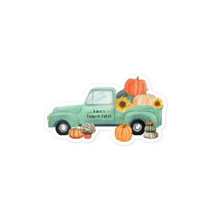 May include: A sticker depicting a teal pickup truck laden with pumpkins, sunflowers, and a stack of gourds. The text "Kase's Pumpkin Patch" is on the truck door. The sticker is in a watercolour style.