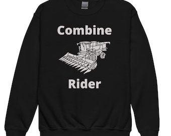 Puede incluir: Sudadera negra con texto blanco que dice "Combine Rider" y un contorno blanco de una cosechadora.