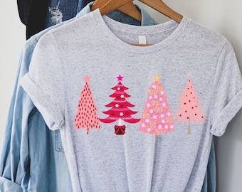 Pink Christmas tree shirt, Christmas shirt for women, holiday t shirt, Christmas party tee, Christmas gift for her, festive graphic tshirt