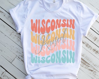 Wisconsin angehobenes Hemd für Frauen, Wisconsin Geschenke, Heimat Zustand T-Shirt, Dachs Zustand T-Shirt, Wisconsin Stolz T-Shirt, Wisconsin Hemd