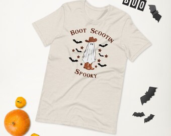 Bota scootin camisa fantasma assustadora de Halloween, camiseta de cowboy Halloween, presente para fazendeiro, cowgirl halloween, temporada assustadora, fantasma ocidental de Halloween