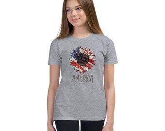 Patriotic Kids Shirt, Red White Blue Sunflower Youth Tee, 4th of July Toddler or Youth USA Shirt, America Kids Tee, floral kids t shirt
