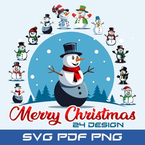 May include: A festive illustration featuring a large snowman with a black top hat, red scarf, and twig arms, surrounded by smaller snowmen in various outfits. The words "Merry Christmas" are displayed in red script, with "24 DESIGN" below. The image includes "SVG PDF PNG" text.