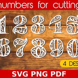 Peut inclure: Un ensemble de dix chiffres décoratifs avec un motif floral, parfait pour les projets de découpe et d'artisanat. Les chiffres sont blancs et sont placés sur un fond en bois. Le texte "4 DESIGN" et "SVG PNG PDF" est également visible sur l'image.