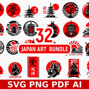 May include: A set of 32 Japan-themed vector illustrations in black and red. The illustrations include pagodas, cherry blossoms, samurai warriors, and Japanese characters. The text "JAPAN ART BUNDLE" is displayed in red.