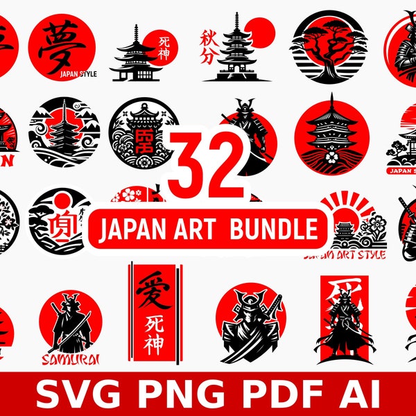 32 Design Japan Samurai themed SVG PNG PDF clipart bundle for shirt and your project | japanese style art | rising sun | cherry blossom svg