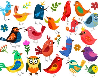 27 Retro Bird Vector Clipart Bundle SVG PDF PNG Flowers Set