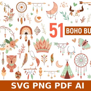 May include: A collection of 51 boho-themed illustrations, including dream catchers, arrows, feathers, and floral elements. The design features a color palette of earthy tones with accents of green and peach. The text "51 BOHO BUNDLE" is displayed prominently.