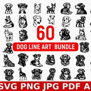 60 Dog Breed Silhouette Line Art Bundle (SVG, PNG, PDF)