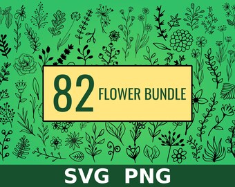 May include: A green background with 82 black and white flower and leaf illustrations. The text "82 FLOWER BUNDLE" is in a yellow rectangle. The text "SVG PNG" is at the bottom of the image.