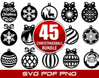 45 Christmas Ball SVG Bundle: Laser Cut Ornament Designs PNG PDF (Digital Download)