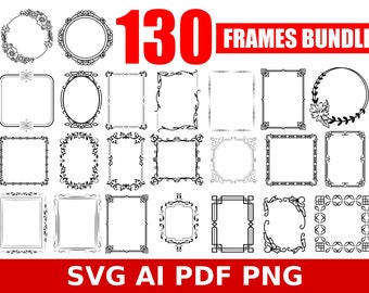 Peut inclure: Un ensemble de 130 fichiers de cadre noir et blanc SVG, AI, PDF et PNG. Les cadres sont de formes et de tailles variées, y compris des cercles, des carrés et des rectangles. Certains cadres ont des motifs ornés, tandis que d'autres sont simples.