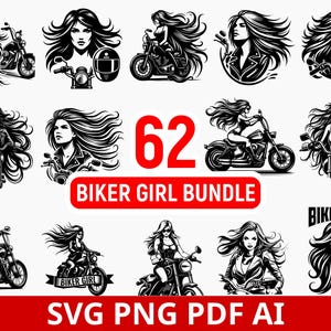 Biker Girl SVG Bundle: Motorcycle Clipart, Biker Logo Designs (PNG, PDF)