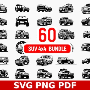 Puede incluir: Un conjunto de 60 ilustraciones vectoriales en blanco y negro de SUV. Las ilustraciones son de estilo vintage y presentan varios modelos de SUV. El texto "60 SUV 4x4 BUNDLE SVG PNG PDF" se muestra debajo de las ilustraciones.
