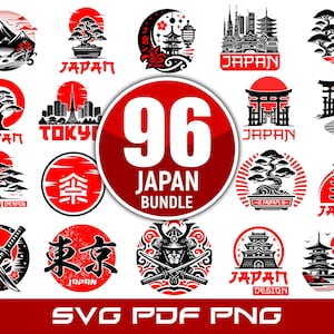 Può includere: Una collezione di 96 design a tema giapponese in rosso e nero. I design includono illustrazioni di bonsai, pagode, montagne e testo giapponese. Le parole "JAPAN" e "TOKYO" sono anch'esse visibili. L'immagine include anche il testo "SVG PDF PNG".