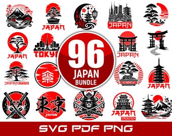 May include: A collection of 96 Japanese-themed designs in red and black. The designs include illustrations of bonsai trees, pagodas, mountains, and Japanese text. The words "JAPAN" and "TOKYO" are also visible. The image also includes the text "SVG PDF PNG".