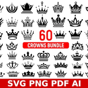 May include: A set of 60 black and white crown SVG cut files. The crowns are in various styles and designs.  "60 Crowns Bundle" is written in red text.