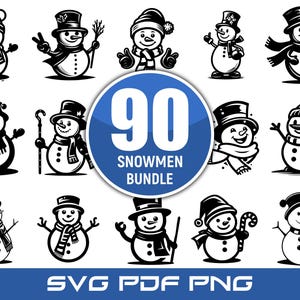 May include: A collection of 90 snowman illustrations in black and white. Each snowman has a unique design, wearing hats, scarves, and holding various accessories. The image includes the text "90 SNOWMEN BUNDLE" in a blue circle, with "SVG PDF PNG" below.