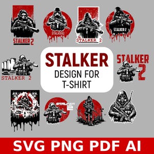 May include: A set of eight black and white illustrations of a person wearing a gas mask and holding a rifle. The illustrations are in a grunge style and have a red background with the text "STALKER 2" on them. The text "STALKER DESIGN FOR T-SHIRT" is also included in the image.