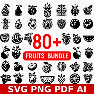 80+ Fruits SVG PNG PDF Clipart Bundle / pomme SVG / Fruit coupé / Cerise SVG / Orange SVG / Citron SVG / pastèque SVG / fraise SVG