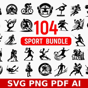 Puede incluir: Un conjunto de 104 ilustraciones vectoriales en blanco y negro de varios deportes. Las ilustraciones son de estilo vintage y presentan atletas en acción. El texto "104 Sport Bundle" se muestra en rojo en la parte superior de la imagen. El texto "SVG PNG PDF AI" se muestra en rojo en la parte inferior de la imagen.