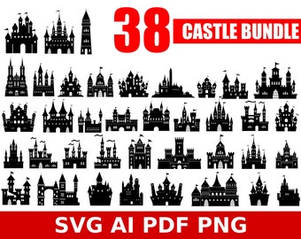 Puede incluir: Un conjunto de 38 ilustraciones de siluetas de castillos en blanco y negro. Las ilustraciones son de varios estilos, incluyendo tradicional, medieval y moderno. El texto "SVG AI PDF PNG" está en la parte inferior de la imagen.