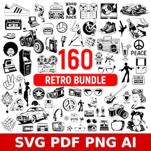 160+ retro SVG-clipartbundel | Vintage vectorelementen | Retro-cricut uit de jaren 80 pdf