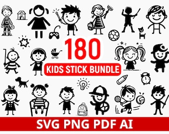 Kids Stick Figure Clipart Bundle: Children SVG, PNG, PDF Vector Pack