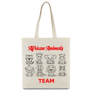 May include: A white canvas tote bag with black line drawings of African animals and the text "African Animals" in red cursive. The text "TEAM" is also in red below the animals.