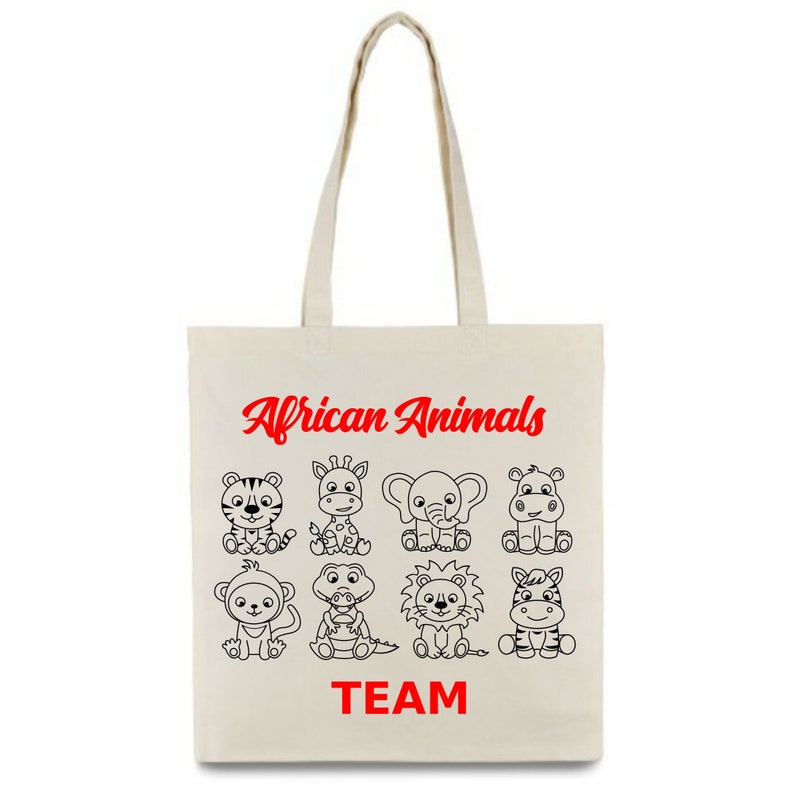 May include: A white canvas tote bag with black line drawings of African animals and the text "African Animals" in red cursive. The text "TEAM" is also in red below the animals.