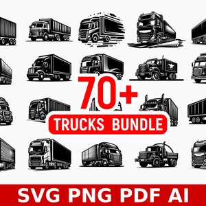May include: A collection of 70+ black and white illustrations of trucks. The trucks are in various styles and configurations, including semi-trucks, box trucks, and flatbed trucks. The illustrations are in a vintage style and would be perfect for use in a variety of projects, such as t-shirt designs, website graphics, or social media posts.  SVG PNG PDF AI