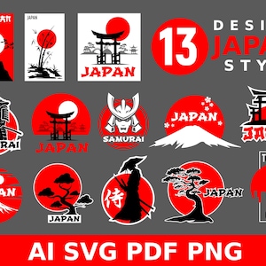 May include: Thirteen red and black graphic designs featuring Japanese themes. The designs include a pagoda, a samurai, a torii gate, a mountain, a bonsai tree, and the text "Japan".