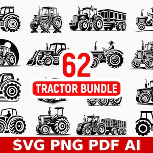 Puede incluir: Un conjunto de 62 ilustraciones de tractores en blanco y negro. Las ilustraciones están en una variedad de estilos, incluyendo dibujos animados, realistas y siluetas. El texto "62 Tractor Bundle" y "SVG PNG PDF AI" también se incluye en la imagen.