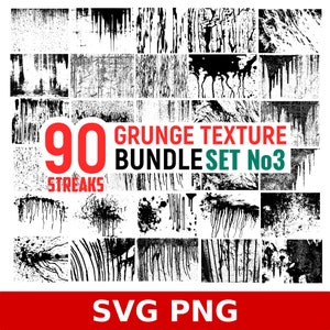 May include: A set of 90 black and white grunge texture streaks in a grid pattern. The text "90 STREAKS GRUNGE TEXTURE BUNDLE SET No3 SVG PNG" is at the center of the grid.
