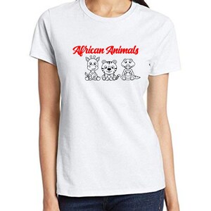 May include: White t-shirt with a red "African Animals" text and black line drawings of a giraffe, tiger, and crocodile.