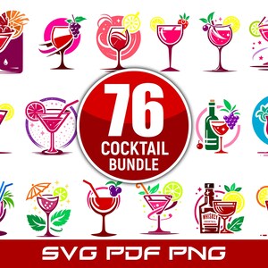 May include: A collection of 76 cocktail illustrations in various styles, featuring vibrant colors and decorative elements like fruit, umbrellas, and straws. The image includes the text "76 Cocktail Bundle" and file type options: SVG, PDF, and PNG.