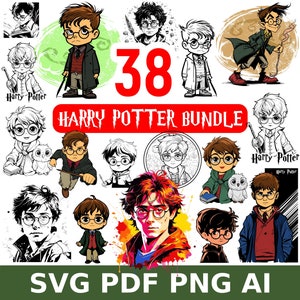 May include: A set of 38 Harry Potter themed digital illustrations featuring various characters from the books and movies. The illustrations are in a cartoon style and include characters like Harry Potter, Ron Weasley, Hermione Granger, and others. The illustrations are perfect for use in crafts, scrapbooking, or digital projects.