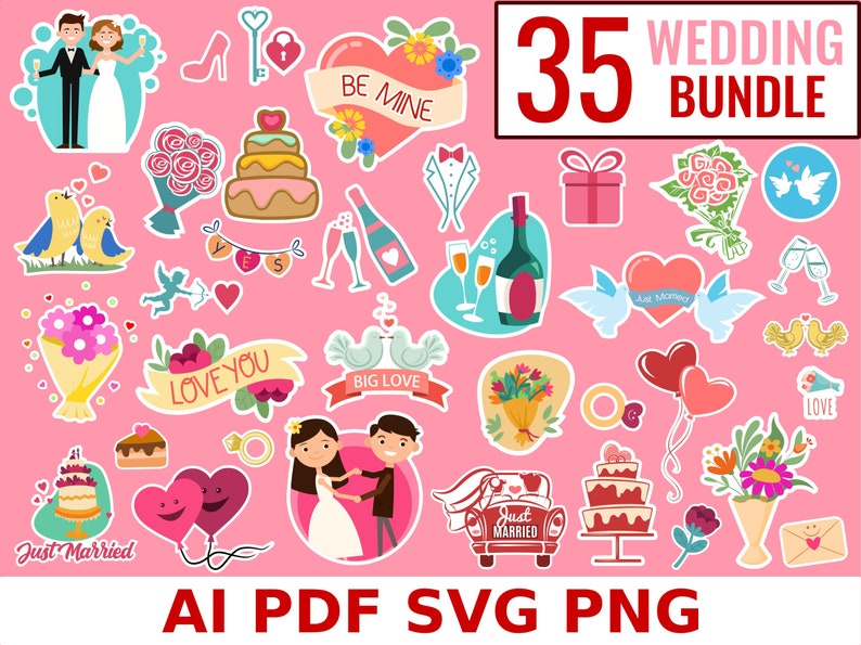 Wedding SVG Bundle, Wedding Stickers, Wedding Clipart PNG, Wedding ...