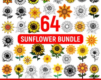 Bundle de 64 cliparts tournesol : floral, SVG, PNG, vecteur (téléchargement numérique)