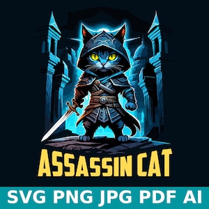 Assassin Cat Cartoon SVG PNG PDF Design for T-Shirt and Clothes, cat printable, cat for tshirt, cat design, cat illustration