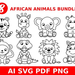 May include: A set of eight black and white line drawings of African animals. The animals include a tiger, giraffe, elephant, hippopotamus, monkey, crocodile, lion, and zebra. The drawings are simple and cute, and would be perfect for use in a children's book or on a website.