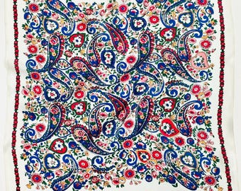 Mały kwadratowy szal z jedwabiu morwowego, 100% naturalny, 53 cm, najwyższej jakości szal z jedwabiu, kwiatowy wzór, nadruk w kolorze niebieskim i czerwonym, wzór paisley