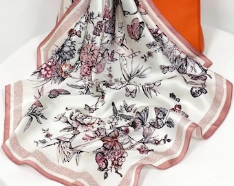 Magnifique foulard en soie naturelle • motif floral délicat • écharpe en soie qualité supérieure Mulberry • cadeau de Noël pour femme