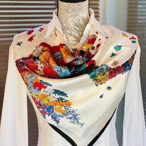 Foulard carré en soie naturelle Mulberry 100 % véritable, écharpe en soie qualité supérieure mode équestre, Imprimé de Chevaux, motif cheval image 4