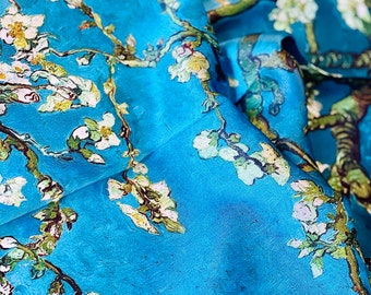 Foulard carré en soie turquoise naturelle 100 % Amandier en Fleurs Vincent Van Gogh, cadeau fête de maman, Pâques, Silk scarf, écharpe soie