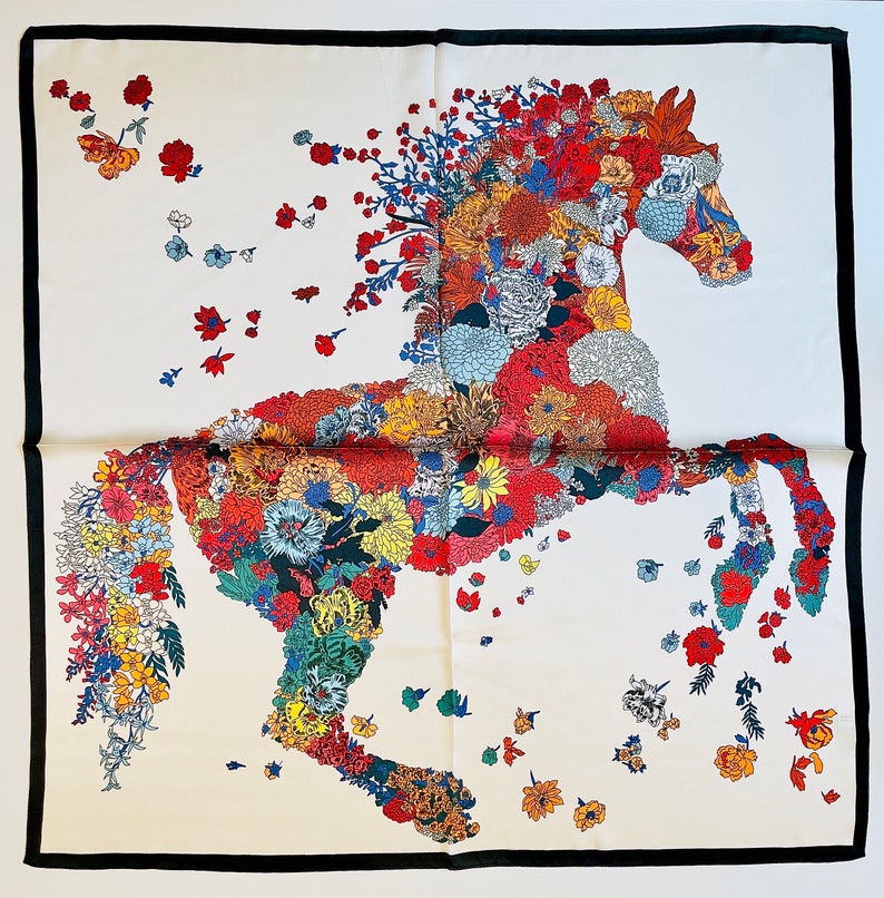 Foulard carré en soie naturelle Mulberry 100 % véritable, écharpe en soie qualité supérieure mode équestre, Imprimé de Chevaux, motif cheval image 6