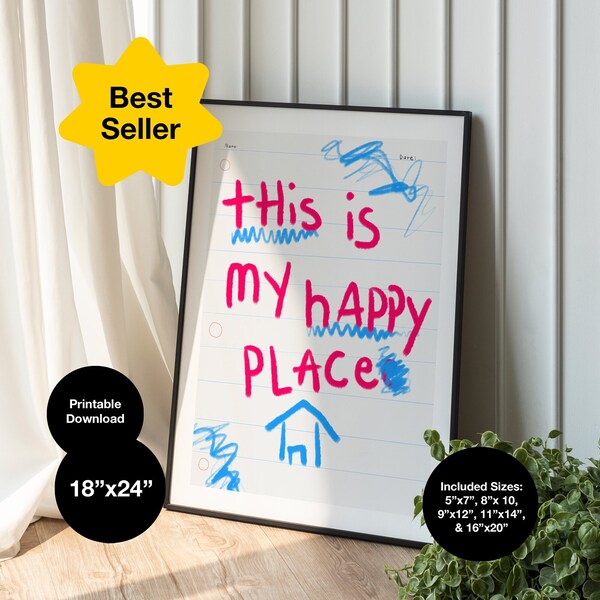 This is my Happy Place quote print, Funky Wall Art, Printable wall art, Diy, Maximalist, Digital print, Home Decor, SOME NOTES Crayon, o