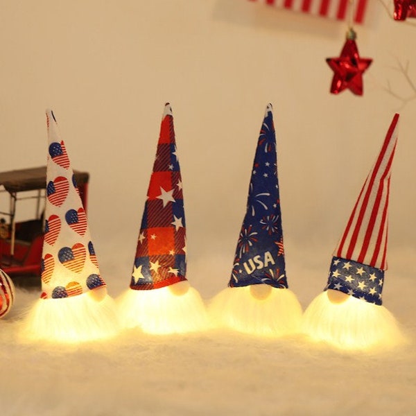 Light up 8" Patriotic Gnomes Red White & Blue Colors America