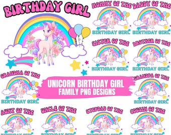 May include: A set of 12 digital designs featuring a unicorn with a rainbow and clouds. Each design includes a different family member title, such as "Mommy of the", "Daddy of the", "Grandma of the", and "Grandpa of the". The designs are perfect for creating personalized birthday cards, invitations, or party decorations.
